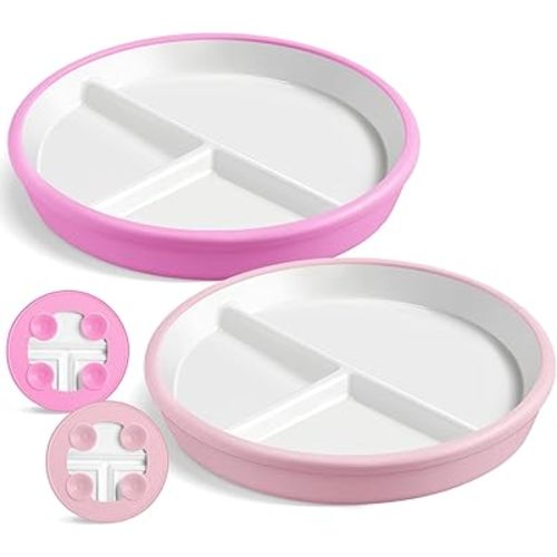 Domensi 2 Sets 8 Inch Kids Porcelain Plates with Silicone Suction Sleeve Antislip White Ceramic Divided Toddler Plates Microwave Dishwasher Safe for Baby Children Feeding Supplies (Pink,White)