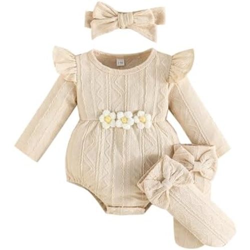 Newborn Infant Baby Girl Cotton Baby Romper Knitted 3d Flower Clothes Long Sleeve Warm Sweater Outfit With Socks