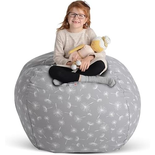 Creative QT Stuff ’n Sit Large 33’’ Bean Bag Storage Cover for Stuffed Animals & Toys, Giant Beanbag Chair for Kids Ages 3-14, Bedroom Organizer Holiday Gift, Grey Dandelion