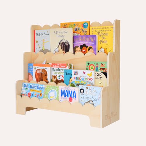 CAALMA Scalloped Book Shelf – Montessori Bookshelf – Wooden 3-Tier Toddler Bookshelf, Front Facing Bookcase for Nursery, Playroom, Kids Room or Classroom