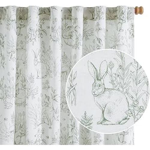 Amazon.com: jinchan Linen Nursery Curtains 84 inch Long Woodland Wildlife Sage Green Print Drapes for Kid's Room Light Filtering French Country Farmhouse Curtains with Bunny and Forest Design Set of 2 Panels : Home & Kitchen