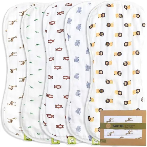5-Pack Muslin Baby Burp Cloths - Organic White Bamboo Cotton Burp Cloth - Burp Rags - Neutral Burp Clothes for Baby Boy, Girl, Newborn, Unisex - Large Absorbent Muslin Burp Cloths (The Wild)