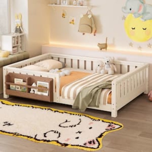 Beige Full Size Pine Wood Low Platform Bed with Safety Guardrails and Built-in Bookshelf