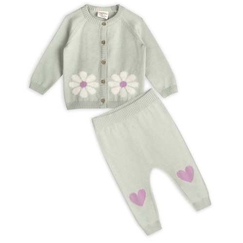 Fuzzy Flower & Heart Baby Sweater Knit Cardigan & Pants Set (Organic C