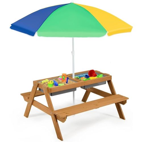 HONEY JOY Kids Picnic Table, 4 in 1 Cedar Wooden Sand & Water Table w/ 2 Removable Box & Umbrella, Kids Picnic Tables for Outdoors Backyard Garden, Toddler Patio Furniture Set for Boys Girls(Colorful)