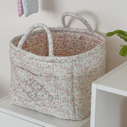 Foldable Laundry Basket Boho Bear Storage Basket Floral Quilted Fabric Car Storage Basket Handles Large Laundry Baskets for Clothes and Dolls