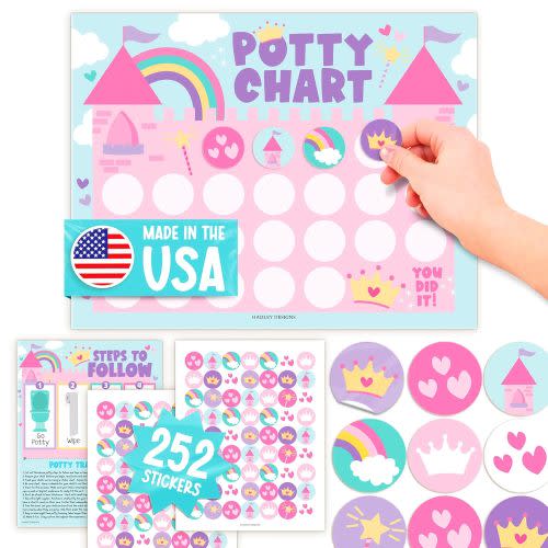 Hadley Designs Potty Training Chart for Toddlers Girls -10 Sticker Potty Chart for Toddlers Girls, 8.5x11" Potty Training Sticker Charts for Toilet Success, Princess Toddler Reward Chart for Kids