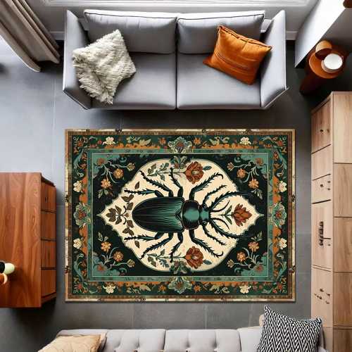 Vintage Stag Beetle Rug, Gothic Insect Carpet with Botanical Patterns, Boho Persian Style Bug Tapestry, Mothcore Home Decor, Insect Rug