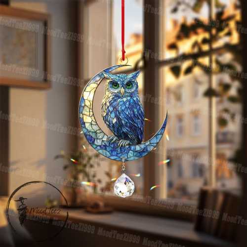 Owl on Moon Window Hanging: Acrylic Ornament with Crystal Charm