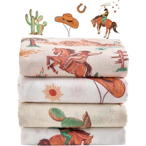 Muslin Swaddle Blankets for Newborn, 4 Pack Large 47"x47" Soft Breathable Bamboo Cotton Baby Blanket, Lightweight Receiving Blanket for Boys and Girls, Wild West Adventure