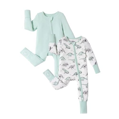 PATPAT Baby Footie Romper, Viscose from Bamboo, Long Sleeve, 2-Way Zipper, Fold-Over Mittens, Cuffs & Anti-Slip Grips