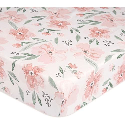 Crane Baby Floral Crib Sheets, 100% Cotton, Breathable Baby Bedding for Standard Mattress, Pink Nursery Decor, Machine Washable Pink Floral Crib, Toddler Sheets