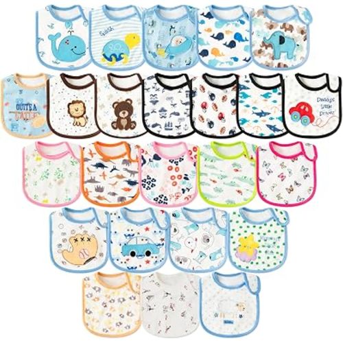 Cotton Waterproof Baby Bibs - 24Pcs Adjustable Hook Loop Closure Bib for Feeding Teething Drooling Eating, 6-12 Months