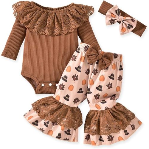 HINTINA Newborn Baby Girl Short Sleeve Bodysuit Flared Pants Ribbed Outfits
