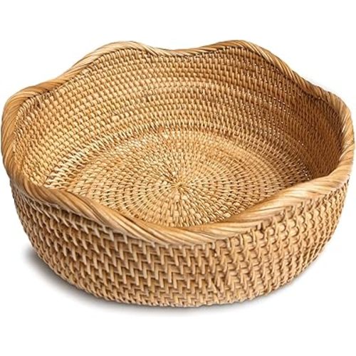 HITOMEN Handmade Rattan Bread Baskets Round Wicker Fruit Serving Storage Bowls, Natural Woven Decorative Kitchen Counter Organizing (Honey Brown) M-10.2"