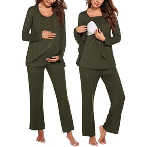 Ekouaer Maternity Nursing Pajama Set Long Sleeve Top & Pants with Pockets Breastfeeding Sleepwear Double Layer Pregnancy