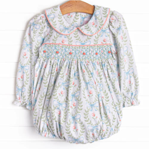 Bows and Bouquets Smocked Bubble, Green – Stitchy Fish