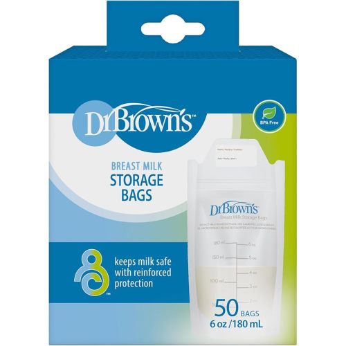 Dr. Brown’s Breast Milk Storage Bags, Disposable and Durable Bags for Freezing & Heating Breast Milk, (50ct) 6 oz Bags, BPA free