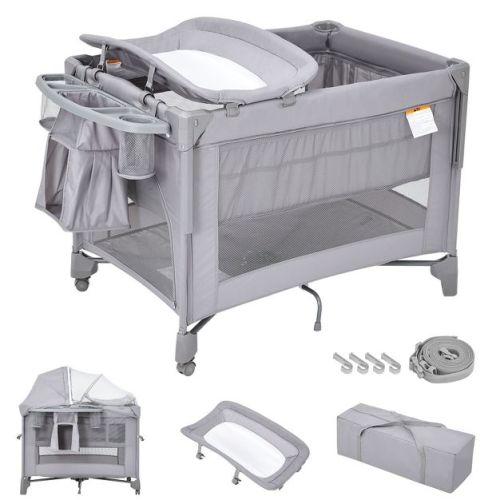 3 in 1 Baby Bassinet, Bedside Crib Sleeper, Diaper Changer, Crib with Detachable Mosquito Net & Bottom Storage for Newborn to Toddles, Light Gray