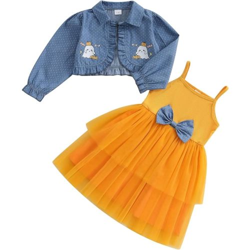 Baby Girl Summer Outfits Tulle Dress Sleeveless And Puff Sleeve Denim Jacket Baby Girl Clothes Set