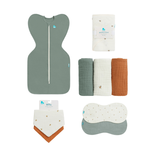 Newborn Essentials Bundle | Swaddle Up 1.0 TOG | Bib | Wash Cloth | Burp Cloth | Hooded Towel | Olive