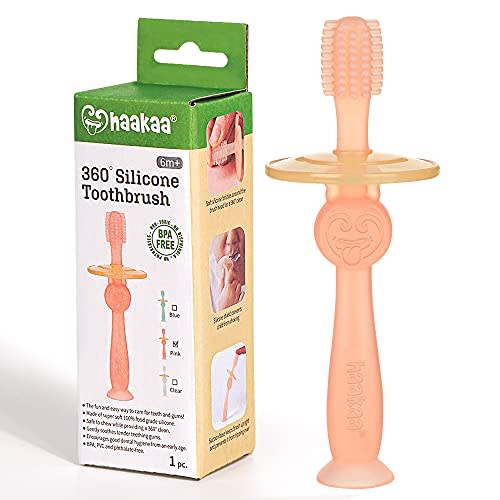 Haakaa 360° Baby Toothbrush with Suction Base Infant Silicone Toothbrush Teethers for Babies Teething Toys,1pc (Pink)