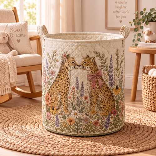Leopard Laundry Basket, Quilted Coquette Pink Bow Wildflower Hamper, Wild Cat Bedroom Decor, Boho Storage Bin, Gift for Her