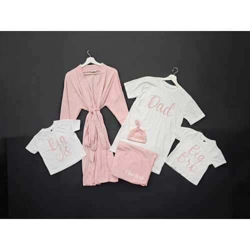 Mom dad baby hospital outfit & Matching family shirts, Maternity Robe and Swaddle Set Girl for labor and delivery, with Personalized hat.