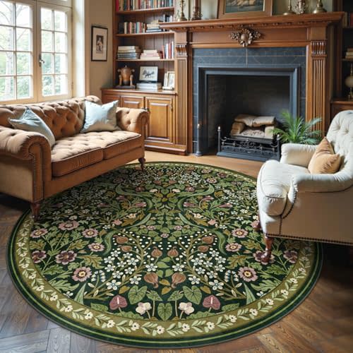 Moynesa Floral Round Rugs 6ft, Boho Green Round Living Room Area Rug, Washable Large Soft Circle Rug for Bedroom, Non Slip Ultra Thin Floor Carpet for Dining Room Guest Room, Green