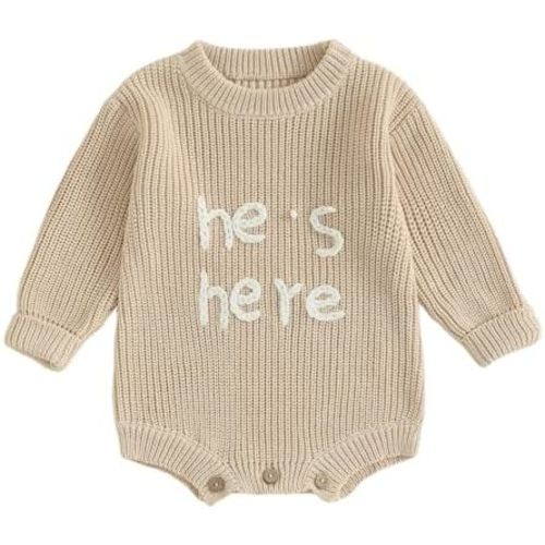 Newborn Boy Clothes He's Here Embroidered Baby Romper Oversized Long Sleeve Bodysuit Birth Announcement Outfit