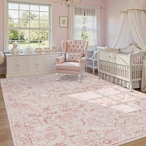 Pink Area Rugs 5x8 for Living Room, Washable Vintage Rugs for Bedroom, Light Pink Throw, Non Slip Carpet for Bedroom Dining Nursery