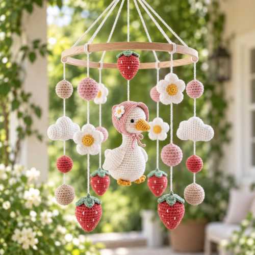 Crochet Goose Baby Mobile, Strawberry Nursery Crib Mobile, Handmade Duck Floral Hanging Decor, Pink Girl Nursery, Baby Shower Gift