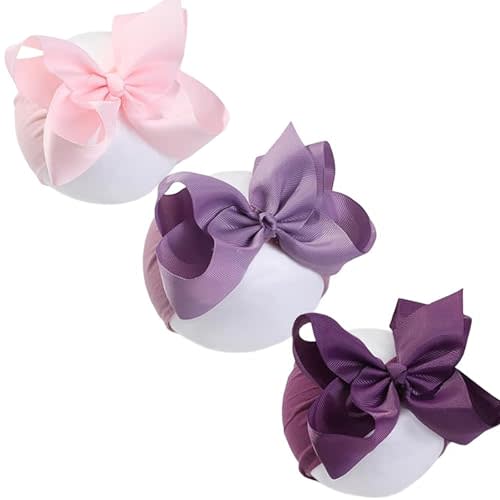 chiduerm 3 Pcs Baby Girls Headband Bows, Soft Nylon Hairbands Cute Big Bow Super Elastic Headband For Baby Girls Newborn Infant Toddlers (Pink Light Purple Deep Purple, Large 6 Inch)