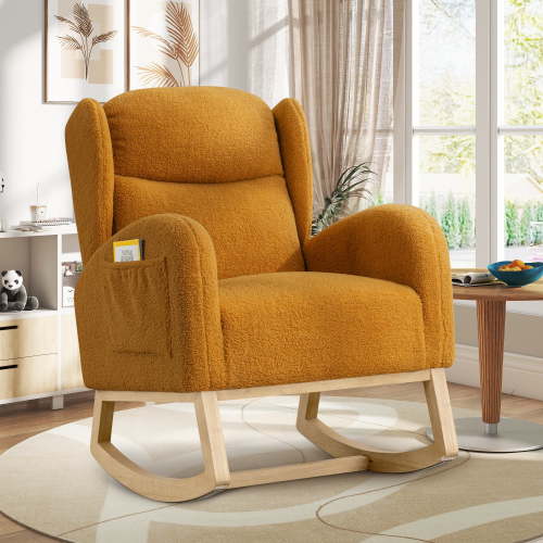 Muumblus Wingback Glider Rocking Chair for Baby Nursery, Adult, Indoor, Wood Legs, Khaki Teddy