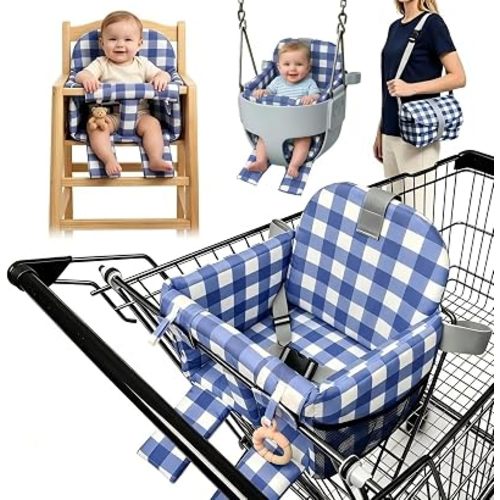 Shopping Cart Seat Cover for Baby, High Chair & Grocery Seat Protector (Blue Checkered Pattern)
