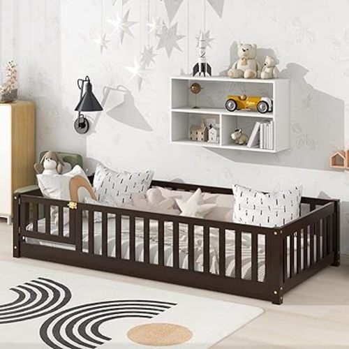 Bellemave Twin Montessori Floor Bed Frame with Slats,Espresso