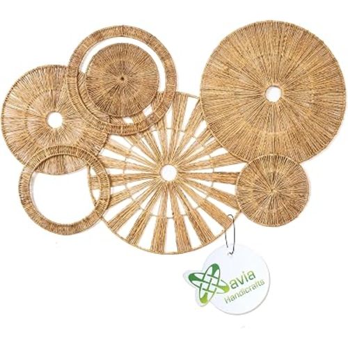 Xavia Handicrafts Set of 7 Boho Wicker Rattan Plate Basket For Décor Hanging Wall | Large Woven Farmhouse Rustic Bohemian Art Baket Hangings For Decorative Home, Bedroom, Living Room, Kitchen, Bathroom