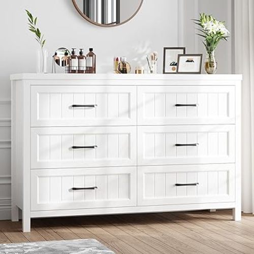 Jocoevol Farmhouse White 6 Drawer Dresser for Bedroom, Chest of Drawers - Large Double Dressers TV Stand with Deep Drawers Dressers for Hallway, Entryway - White