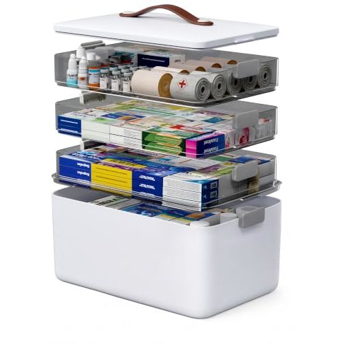 Medicine Cabinet Organizer Box for Medication Storage, 4-Tier | Portable Medicine Box with Handle and Clear Tray, Empty First Aid Kit for Home,Pill/Sewing/Art/Craft Organizers and Storage
