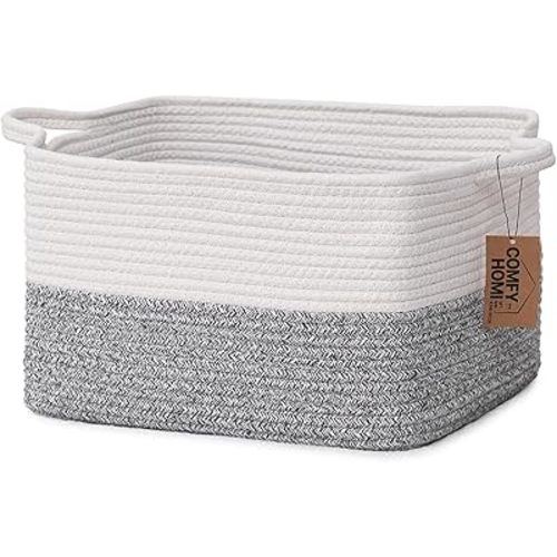 COMFY-HOMI Cotton Rope Woven Basket with Handles for Shelves,Toys,Book, Cloth Storage Baskets Bin for Organizing-13.5"x11"x9.5" Toy Decorative Organizer for Living Room, Bathroom-White/Grey