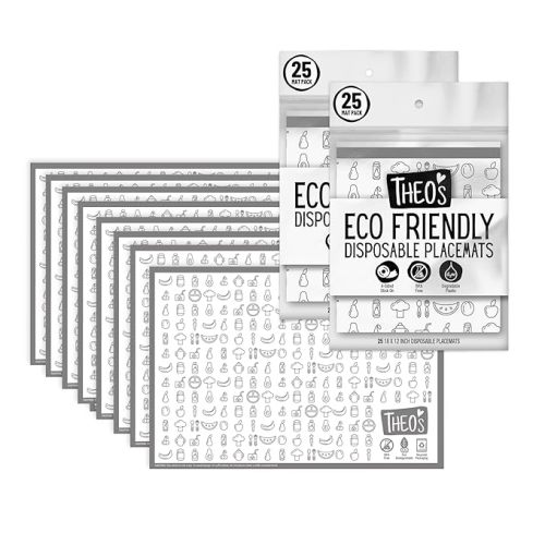 30 Pack | Disposable Splat Mats | Biodegradable + Compostable | THEO'S MATS | Under Highchair Splat Mat for Floor | Baby Led Weaning Supplies | (THEO001)