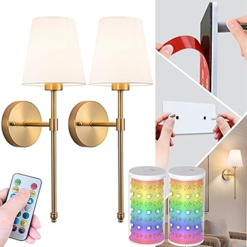 Peel and Stick Wall Sconces, Stick On Wall Sconce Set of 2, Battery Operated Wireless Adhesive Wall Lights, Corn Bulb with 10000mAh Battery, Easy Install for Bedroom Living Room Wall Decor