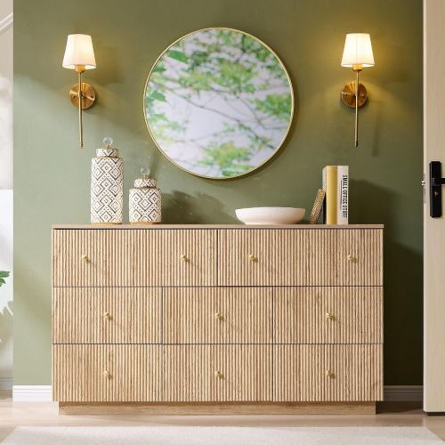 SinCiDo 8 Drawer Fluted Dresser, 55" Wide Wood Chest of Drawers with Deep Storage, Modern Storage Organizer for Bedroom, Living Room, Natural