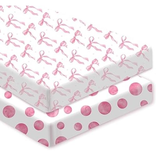 2 Pack Crib Sheets for Girls, Pink Baby Girl Crib Sheets, Bow Bed Sheet Set, 52'' x 28'' for Standard Crib Mattress, Stretchable Soft Toddler Aesthetic Nursery Decor (Crib)