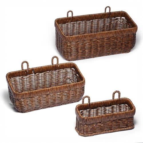 Hanging Baskets, Handmade Wicker Style Wall Basket w/Hooks | Boho Storage Organizer for Home, Entryway, Kitchen, Bathroom, Over Door Organizing, Set of 3, Plastic