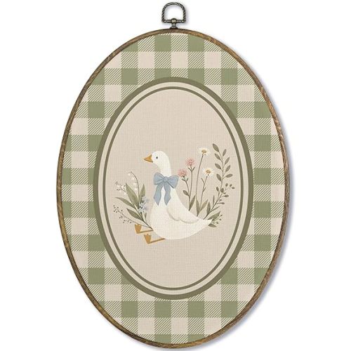 Fewgb Vintage Goose Girls Nursery Oval Wall Art Decor Framed, Silly Goose Baby Girls Toddler Kids Room Playroom Bedroom Canvas Wall Art Prints Picture, Sage Green Duck Cottagecore Plaid Artwork 9x12