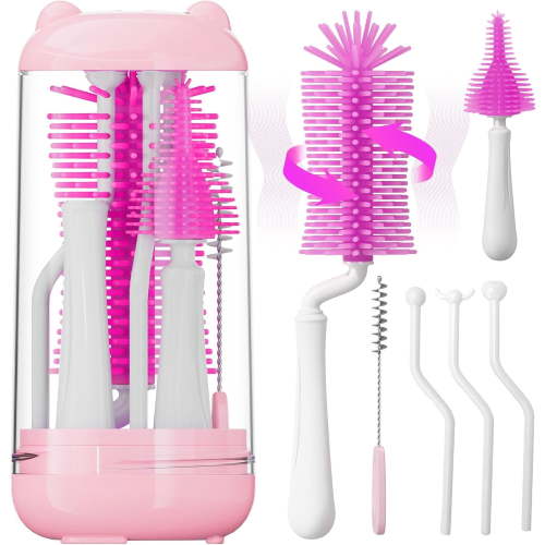 Baby Bottle Brush Set with UV Sterilizer, Bottle Cleaner Kit with Silicone Brush, Nipple Brush, Straw Brush, Bottle Drying Rack, BPA-Free Baby Bottle Cleaner for Newborn Essentials (Pink)