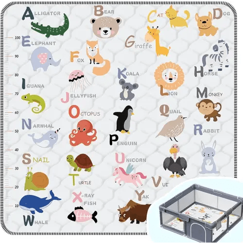 Baby Play Mat，Thick Soft 50" X 50" Playpen mat, Non-Slip and Machine Washable Baby Play Mats for Floor，Crawling Mat for Babies, Toddlers & Infants to Play and Learn (Animal Alphabet-A)