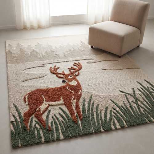 Hand Tufted Wool Deer Rug Nature Nursery Living Room Aesthetic Gift Decor