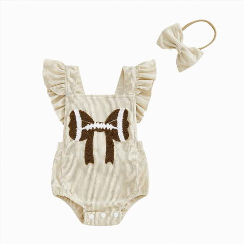 newwalpole Newborn Football Romper Baby Girl Corduroy Overalls Infant Football Onesie Bodysuit Game Day Outfit with Headband (Beige, 6-12 Months)